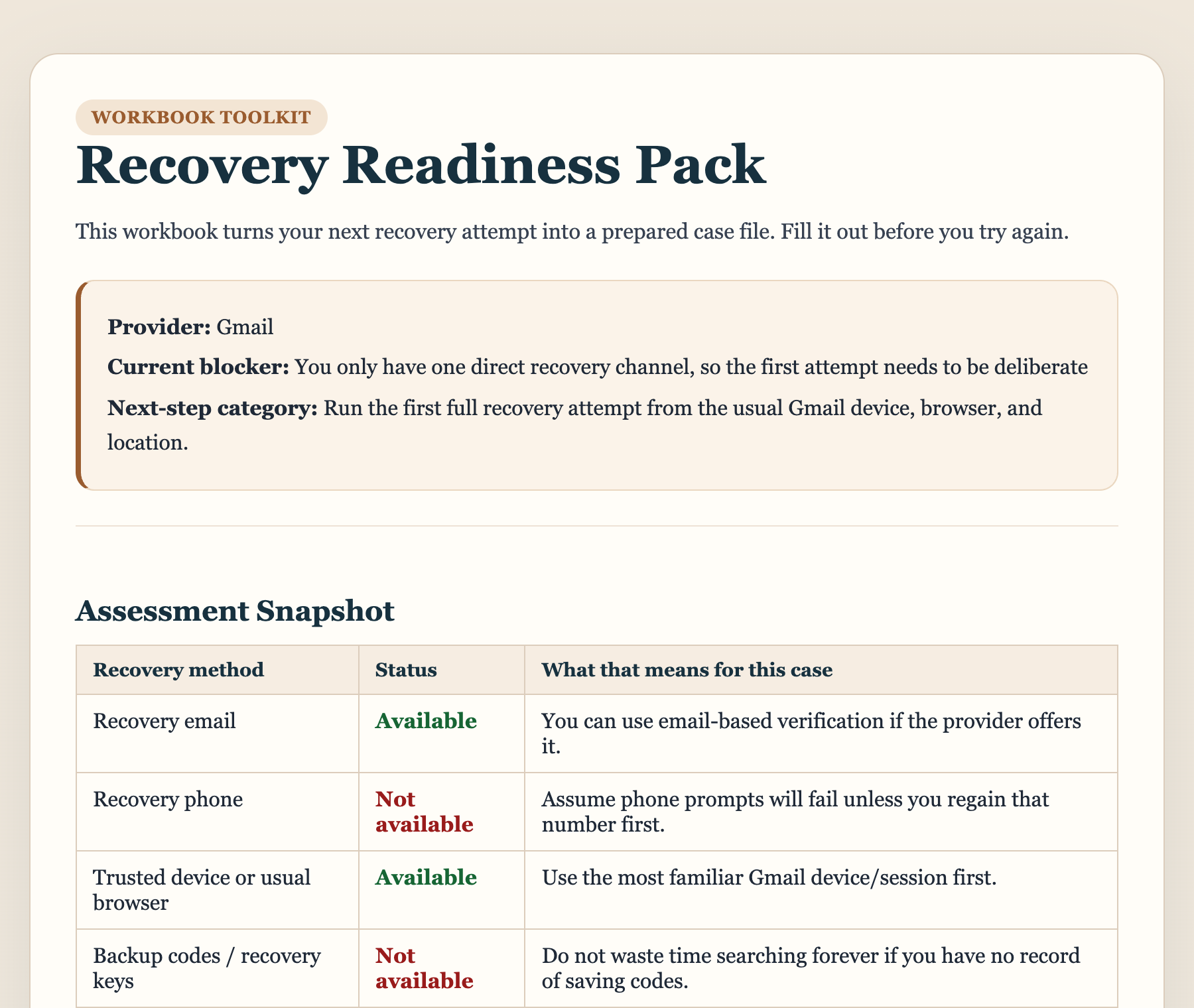 A printed prep worksheet part-way through being filled in: account facts, trusted devices, an evidence checklist, and an attempt log with dates of previous failed tries