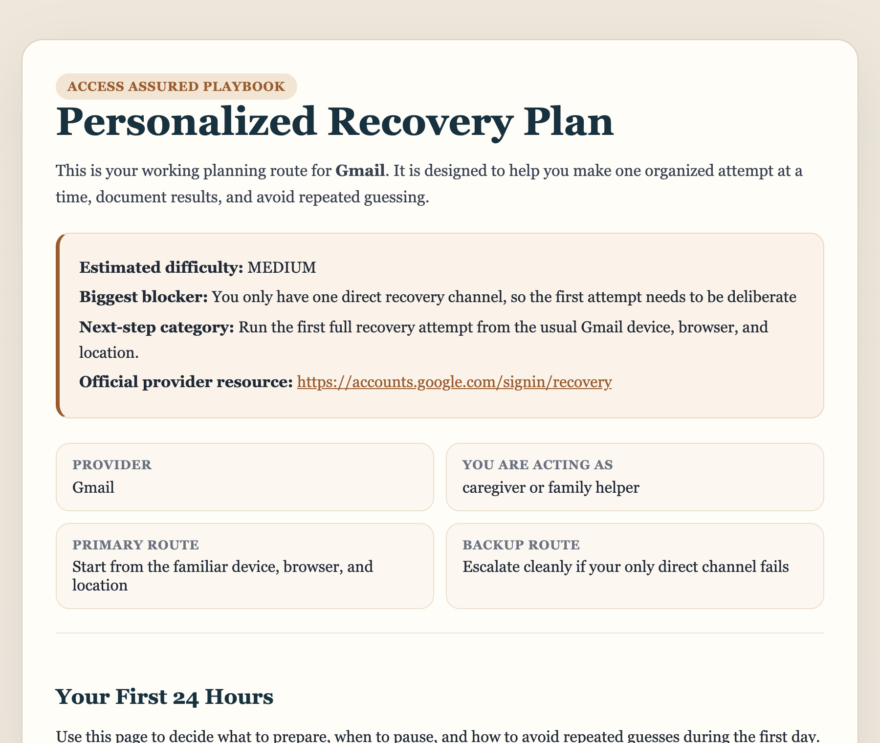 A filled-in recovery plan: the likely blocker named at the top, then the routes to try in order, each with what to have ready before starting it